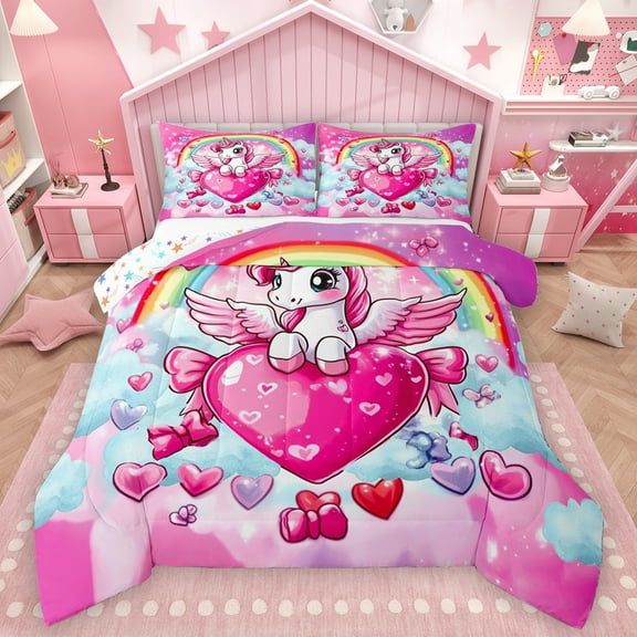 Homewish Cute Cartoon Unicorn Bedding Comforter Set,3D Loves Bowtie Twin Comforter Sets,Fairy Tale Theme Bedding Set For Girls Kids,Super Cozy Room Decor Reversible,2 Pieces