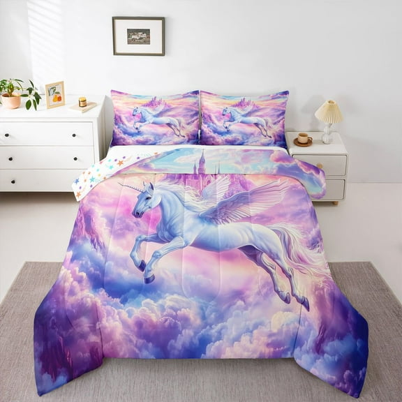 Homewish Cute Cartoon Unicorn Bedding Comforter Set,Dreamy Princess Castle Twin Comforter Sets,Pink Purple Bedding Set For Girls Kids,Ultra Soft Home Decor Reversible,2-Piece