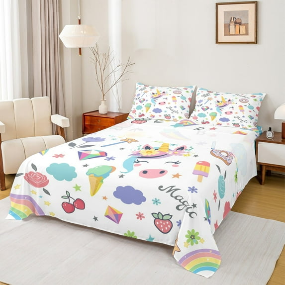 Homewish Cute Cartoon Unicorn Full Size Sheets,Colorful Ice Cream Bed Sheets,Kawaii Rainbow Cherry Sheet Sets For Girls,Microfiber Bedroom Decor,4pcs