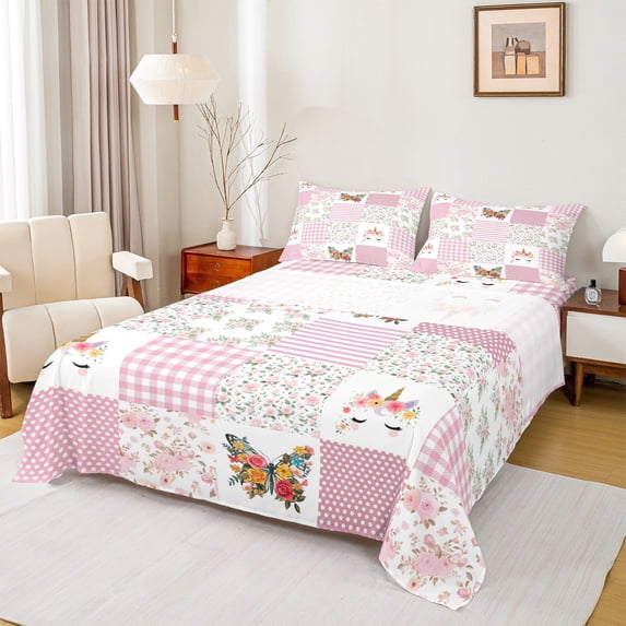 Homewish Cute Cartoon Unicorn Full Size Sheets,Rustic Flower Butterfly Bed Sheets,Patchwork Geometric Plaid Sheet Sets For Girls Kids,Ultra Soft Home Decor,4-Piece
