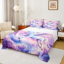 Homewish Cute Cartoon Unicorn Twin Sheet Sets,Dreamy Princess Castle Twin Fitted Sheet,Pink Purple Flat Sheet For Girls Kids,Ultra Soft Home Decor,3-Piece