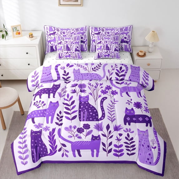 Homewish Cute Cat Animal 7pcs Queen Bedding,Purple Flowers Plants Bedding Comforter Set Queen,Reversible