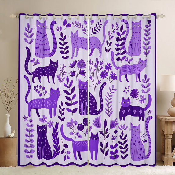 Homewish Cute Cat Animal Blackout Curtains,Purple Flowers Plants Curtains Pack of 2 (42x84 Each)