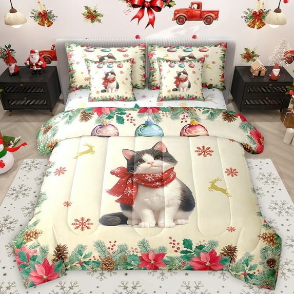 Homewish Cute Cat Animal Twin Bedding Sets 7-Piece for Teen, Cartoon Xmas Reindeer Bedding Comforter Set, Western Winter Christmas Reversible Sheet Sets, Microfiber Bedroom Decor