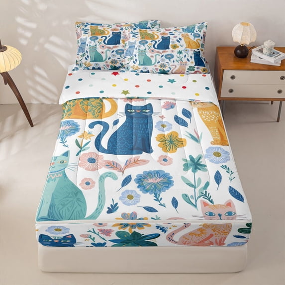 Homewish Cute Cat Animal Zipper Twin Comforter Sets with Fitted Sheet and 2 Pillowcases for Kids, Flower Leaf Plant Zipper Bedding Set, Polka Dots Reversible, 4pcs