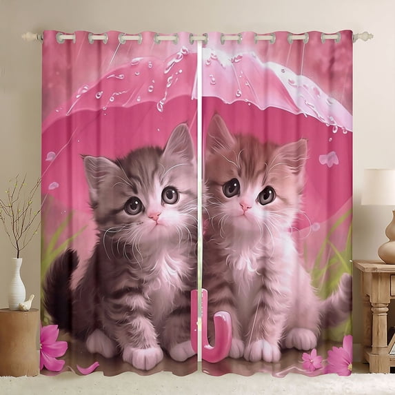 Homewish Cute Cat Blackout Curtains Set of 2 (52x84 Each),Kawaii Pet Animal Window Curtains,Pink Flower Floral Curtains and Drapes For Girls Boys,Ultra Soft Home Decor
