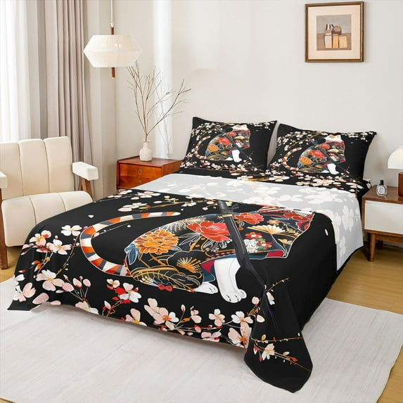 Homewish Cute Cat Kitten Full Size Sheets,Pink Cherry Blossom Bed Sheets,Japanese Style Sheet Sets For Men Women,Luxury Bedroom Decor,4pcs