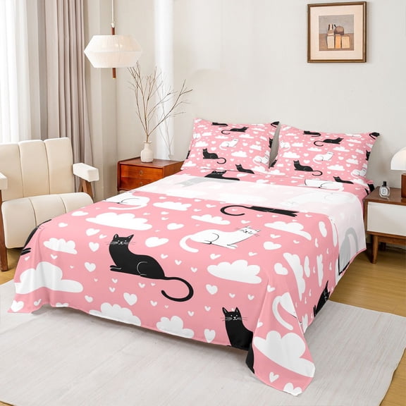 Homewish Cute Cat Kitten Full Size Sheets for Teen, Cloud Love Heart Bed Sheets, Kawaii Pink Cartoon Sheet Sets, Ultra Soft Bedroom Decor, 4-Piece
