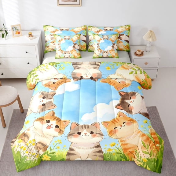 Homewish Cute Cats Animal 7-Piece Twin Bedding,Cartoon Pet Themed Bedding Comforter Set,Green Blue,Light Gray Reversible