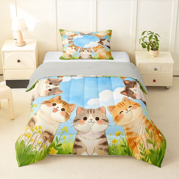 Homewish Cute Cats Animal Twin Comforter Sets,Cartoon Pet Themed Bedding Set,Green Blue,Light Gray Reversible,2-Piece,1 Comforter and 1 Pillowcase