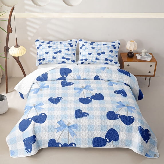 Homewish Cute Cherry Bow Bed Spread Queen For Girls,Blue Plaid Queen Coverlet Set,3pcs