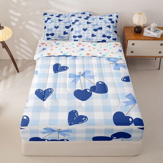 Homewish Cute Cherry Bow Zipper Full Size Comforter Sets with Fitted Sheet and 2 Pillowcases For Girls,Blue Plaid Zipper Bedding Set,Colorful Stars Reversible,4 Pieces