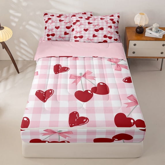 Homewish Cute Cherry Bow Zipper Twin Comforter Sets with Fitted Sheet and 2 Pillowcases For Girls,Pink Plaid Zipper Bedding Set,Pink Reversible,4 Pieces