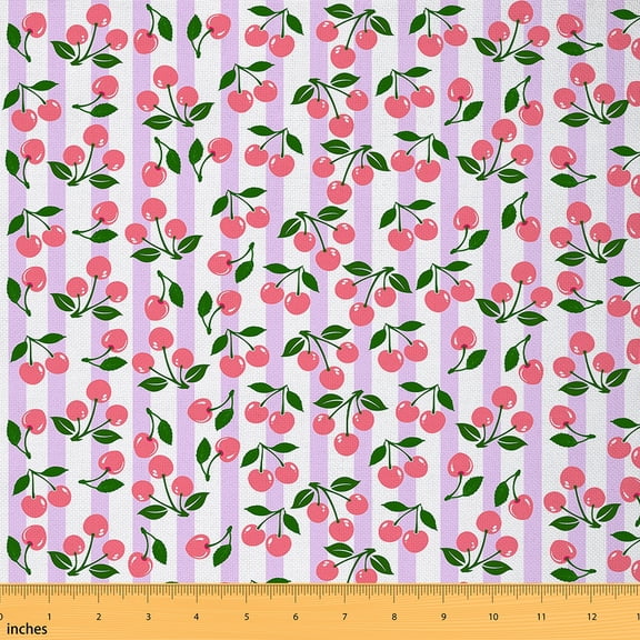 Homewish Cute Cherry Fabric by the Yard 1 Yard,Modern Geometric Stripes Home Decor Fabric by the Yard,Red Pink White Sewing Fabric For Girls,Ultra Soft Home Decor