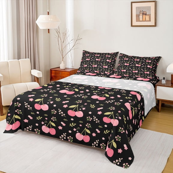 Homewish Cute Cherry Fruit Bed Sheets for Child, Black Pink Cartoon King Sheets, Kawaii Princess Flower Sheet Set, Super Cozy Room Decor, 4pcs