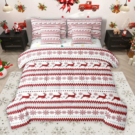 Homewish Cute Christmas Reindeer 7-Piece Twin Bedding Sets,Merry Xmas Bedding Comforter Set,White Red Sheet Sets For Girls Teens,Microfiber Bedroom Decor Reversible