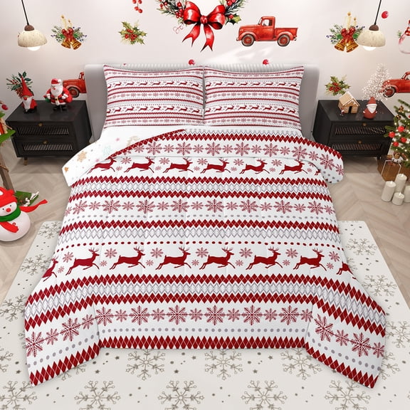 Homewish Cute Christmas Reindeer Bedding Comforter Set,Merry Xmas Twin Comforter Sets,White Red Bedding Set For Girls Teens,Microfiber Bedroom Decor Reversible,2 Pieces