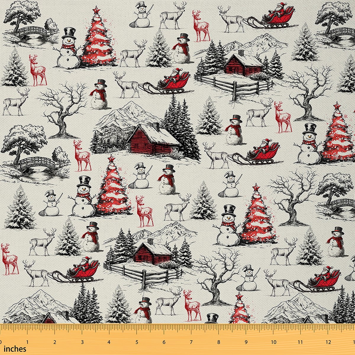 Homewish Cute Christmas Reindeer Fabric by the Yard 2 Yard,Kawaii Snowman Room Decor Fabric by the Yard,Red Chic Xmas Tree Fabric for Sewing For Adults, Breathable Home Decor
