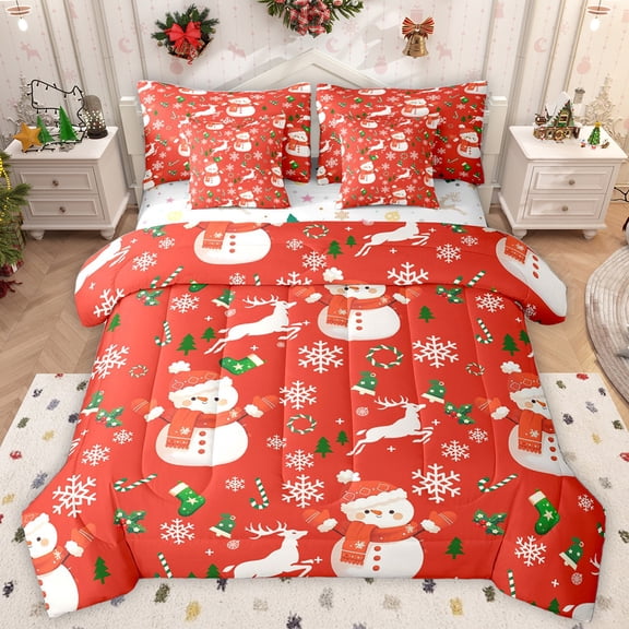 Homewish Cute Christmas Snowman 7-Piece Bedding Comforter Set,Green Xmas Flower King Bedding Sets,Happy New Year Bed Sheets For Girls Boys,Breathable Home Decor Reversible