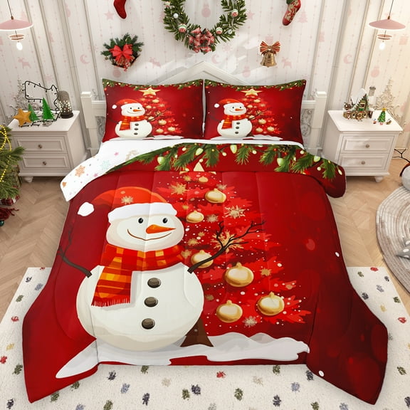 Homewish Cute Christmas Snowman Bedding Comforter Set,Chic Xmas Tree Twin Comforter Sets,Red White Gold Bedding Set For Girls Teens,Ultra Soft Home Decor Reversible,2 Pieces