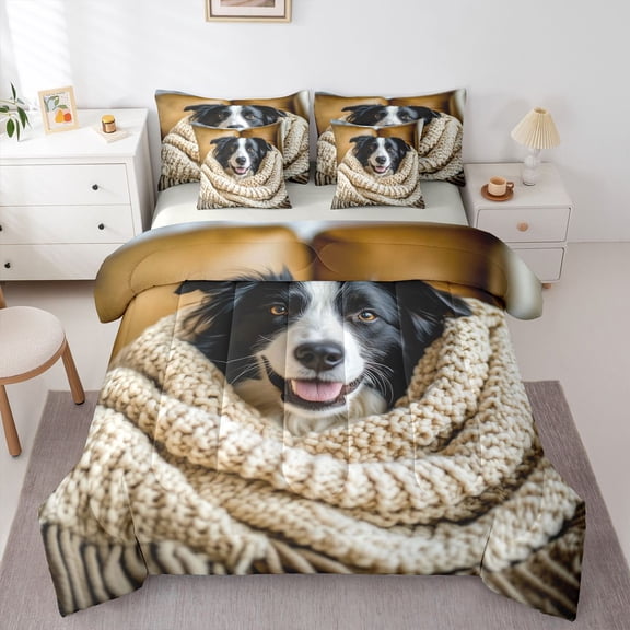 Homewish Cute Collie Dog 7-Piece Twin Bedding,Pet Lover Bedding Comforter Set,Cream,Light Gray Reversible