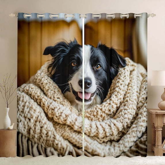 Homewish Cute Collie Dog Kitchen Curtains,Pet Lover Black Out Curtains Pack of 2 (42x63 Each),Cream