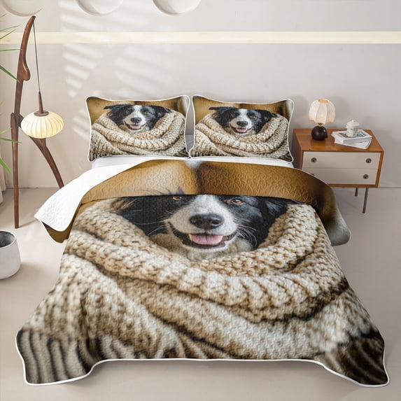 Homewish Cute Collie Dog Twin Quilt Set,Pet Lover Twin Coverlet Set,Cream,2 Pieces