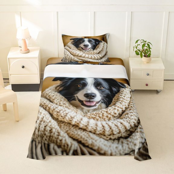 Homewish Cute Collie Dog Twin Sheets,Pet Lover Bedding,Cream,3-Piece,1 Fitted Sheet and 1 Pillowcase