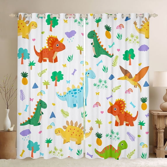 Homewish Cute Colorful Dinosaur Curtains Pack of 2 (42x84 Each) for Kids, Jungle Leaf Botanical Curtains Blackout, Kawaii Cartoon Animal Bedroom Curtains, Blackout Curtains Decor