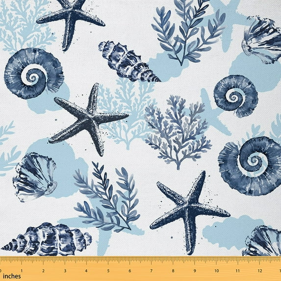 Homewish Cute Conch Starfish Fabric by the Yard 1 Yard,Ocean Theme Home Decor Fabric by the Yard,Watercolor Coral Sewing Fabric For Boys Girls,Luxury Bedroom Decor
