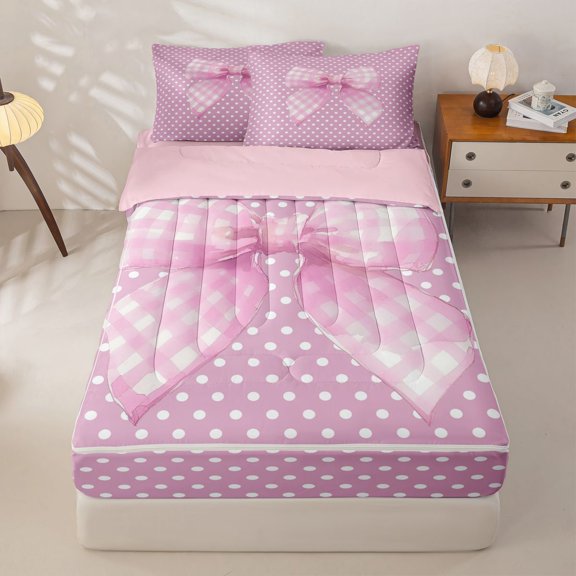 Homewish Cute Coquette Bow Zipper Twin Comforter Sets with Fitted Sheet and 2 Pillowcases,Pink Bows Cute Polka Dot Zipper Bedding Set For Girls Kids,Pink Reversible,4 Pieces