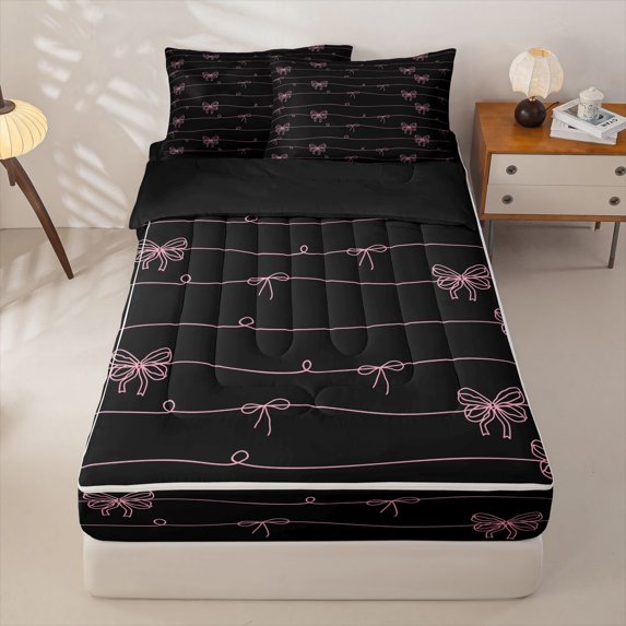 Homewish Cute Coquette Bowknot Zipper Full Size Comforter Sets with Fitted Sheet and 2 Pillowcases,Kawaii Bows Cute Bowtie Zipper Bedding Set For Girls Kids,Black Lightpink,Reversible,4 Pieces