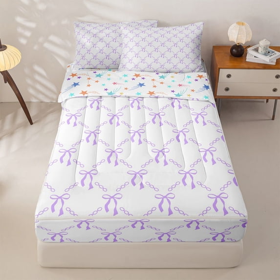 Homewish Cute Coquette Bowknot Zipper Twin Comforter Sets with Fitted Sheet and 2 Pillowcases,Cartoon Cute Bowtie Zipper Bedding Set For Girls Kids,White Purple,Reversible,4-Piece