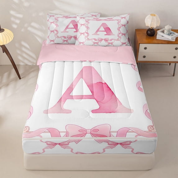 Homewish Cute Coquette Bowknot Zipper Twin Comforter Sets with Fitted Sheet and 2 Pillowcases,Girls Pink A Alphabet Letter Zipper Bedding Set For Kids,Pink Reversible,4 Pieces