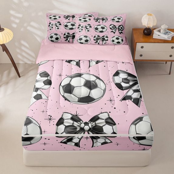 Homewish Cute Coquette Bowknot Zipper Twin Comforter Sets with Fitted Sheet and 2 Pillowcases,Soccer Sport Football Games Zipper Bedding Set For Kids Girls,Pink Reversible,4-Piece
