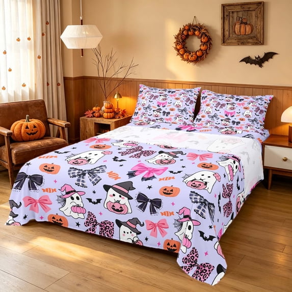 Homewish Cute Coquette Ghost Queen Sheets, Halloween Bat Pumpkin Candy Queen Sheet Sets, Light Lavender, 4 Pieces (1 Flat Sheet, 1 Fitted Sheet and 2 Pillowcases)