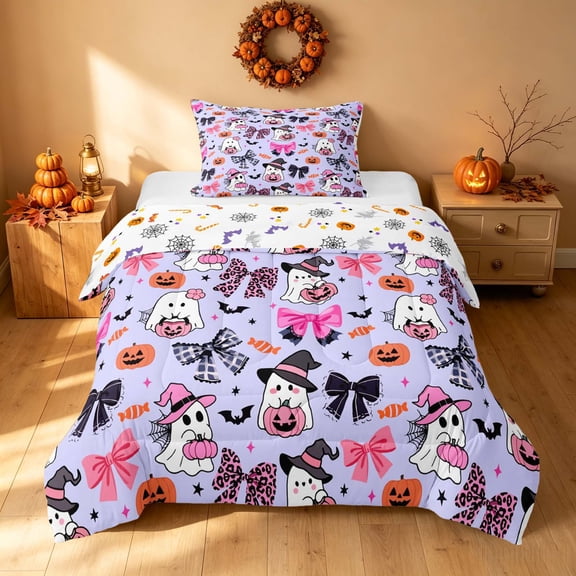 Homewish Cute Coquette Ghost Twin Comforter Sets, Halloween Bat Pumpkin Candy Bedding Set, Light Lavender, Pumpkin Bat Reversible, 2 Pieces 1 Comforter and 1 Pillowcase