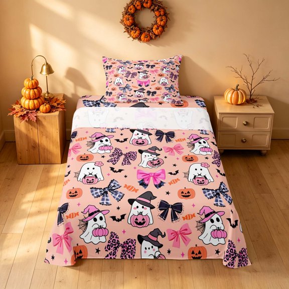 Homewish Cute Coquette Ghost Twin Sheets, Halloween Bat Pumpkin Candy Bedding, Peach Orange, 3 Pieces (1 Flat Sheet, 1 Fitted Sheet and 1 Pillowcase)