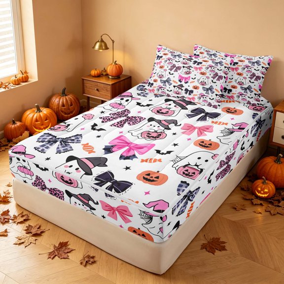 Homewish Cute Coquette Ghost Zipper Queen Comforter Set with Fitted Sheet and 2 Pillowcases, Halloween Bat Pumpkin Candy Zipper Bedding Set, White, Pumpkin Bat Reversible