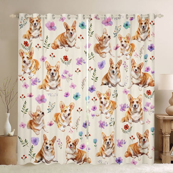 Homewish Cute Corgi Dog Kitchen Curtains,Flower Leaves Black Out Curtains Pack of 2 (42x63 Each),Cream