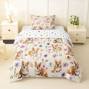 Homewish Cute Corgi Dog Twin Comforter Sets,Flower Leaves Bedding Set,Cream,Polkadot Reversible,2pcs,1 Comforter and 1 Pillowcase