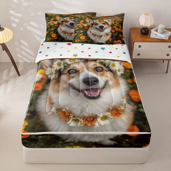 Homewish Cute Corgi Dog Zipper Queen Comforter Set with Fitted Sheet and 2 Pillowcases,Marigold Flower Zipper Bedding Set,Yellow Green,Polkadot Reversible,4pcs