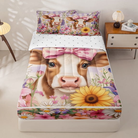 Homewish Cute Cow Pink Bow Floral Zipper Twin Comforter Sets with Fitted Sheet and 2 Pillowcases For Girls,Brown White Pastel Zipper Bedding Set,Reversible,4-Piece