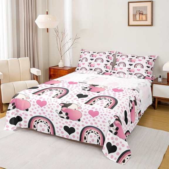 Homewish Cute Cow Rainbow King Sheet Set, 4Pcs Polka Dots Love Heart Print Microfiber Bedding