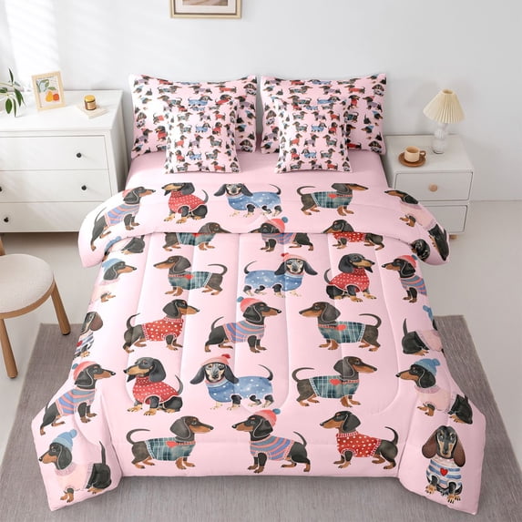 Homewish Cute Dachshund 7-Piece Twin Bedding,Lovely Dog Bedding Comforter Set,Pink,Pink Reversible