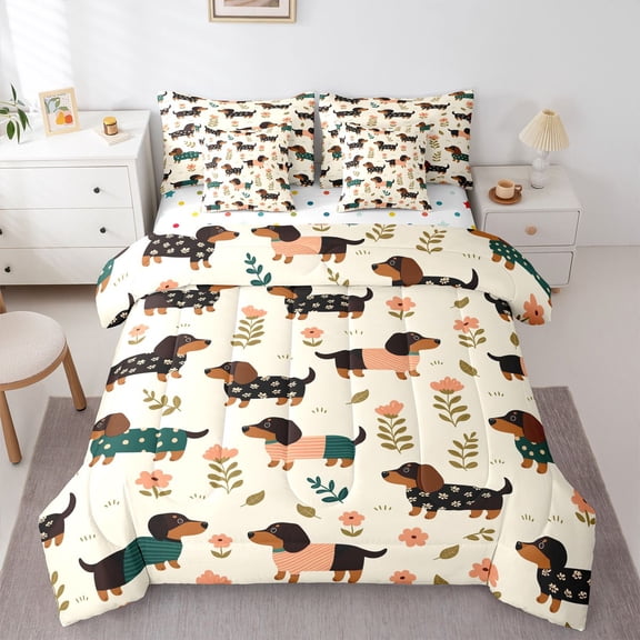 Homewish Cute Dachshund Animal 7-Piece Twin Bedding,Floral Leaf Bedding Comforter Set,Cream,Polkadot Reversible