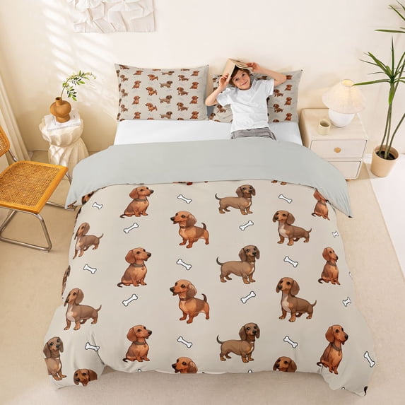 Homewish Cute Dachshund Animal Bedding,Dog Bone Duvet Cover Full,Brown,Light Gray Reversible,3-Piece,1 Duvet Cover and 2 Pillowcases