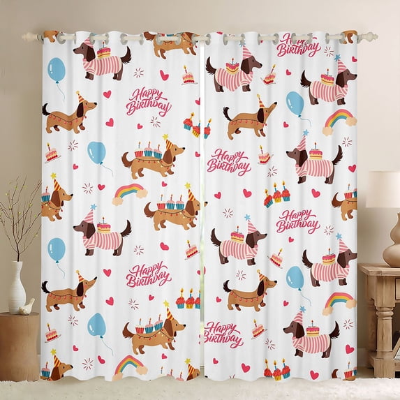 Homewish Cute Dachshund Blackout Curtains Set of 2 (52x84 Each),Happy Birthday Print Curtain,White