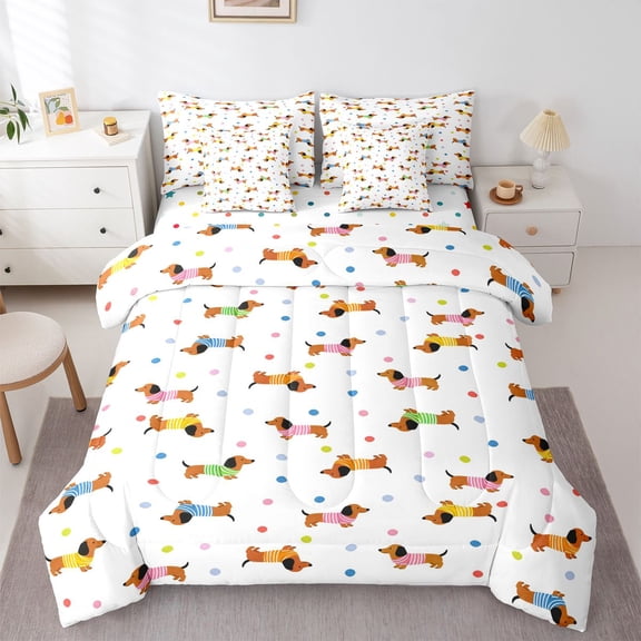 Homewish Cute Dachshund Dog 7-Piece King Bedding,Polka Dot King Bed in a Bag,White,Polkadot Reversible