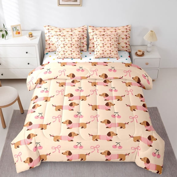 Homewish Cute Dachshund Dog 7 Pieces Full Size Bedding Sets,Bowtie Cherry Full Size Bed in a Bag,Beige,Polkadot Reversible